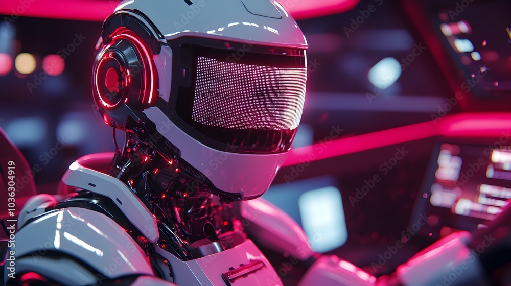 Poster a futuristic robot assistant meticulously servicing the complex wiring of an intelligent advanced ca