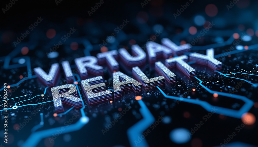 Poster virtual reality word with digital network: the phrase virtual reality displayed within a connected d