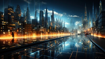 Fototapeta premium Futuristic Cityscape with Glowing Lights and Reflections