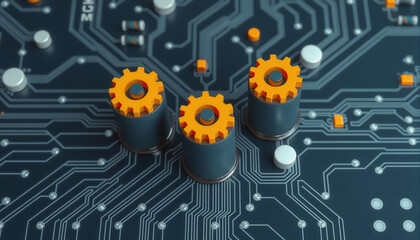 Close-up of a light blue circuit board with orange gears in the center, surrounded by electronic components. The blue and orange color scheme highlights a technological and futuristic abstract theme.