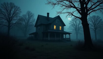  Eerie old house in foggy forest at night
