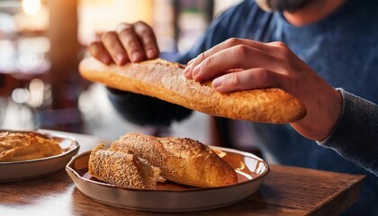 Faceless man eat Baguette in restaurant with bokeh background. France Food.