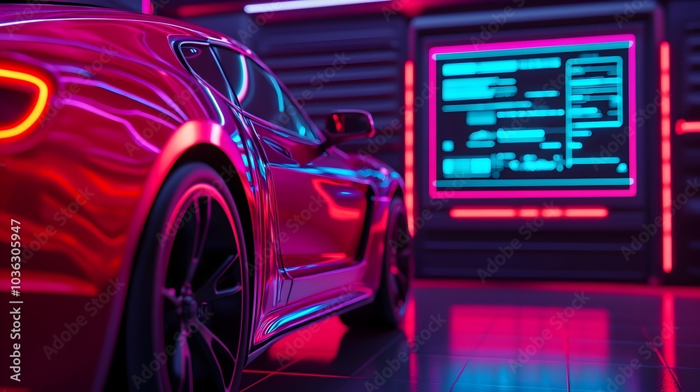 Poster sleek robotic technician installing advanced software in a futuristic garage floating holographic in