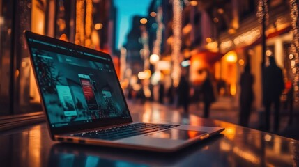 Laptop on a Table with City Lights in the Background