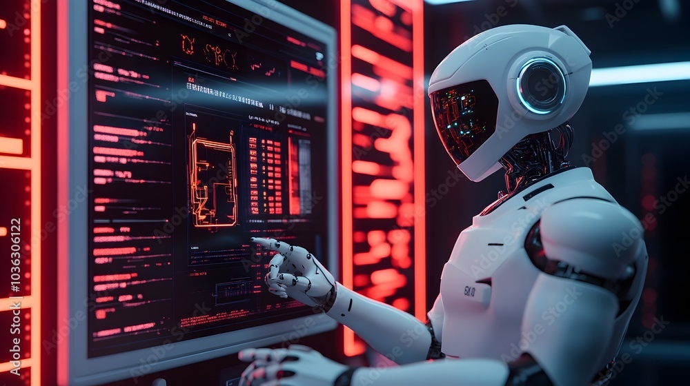 Poster humanoid robots collaborating on repairing and upgrading a car s intelligence system using advanced 