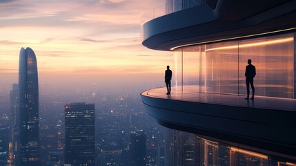 Businessman Standing in Office with City Skyline