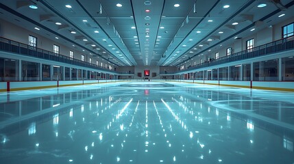 Futuristic indoor ice hockey rink featuring cutting edge holographic goal line technology and data driven play formations  The rink offers ample space for copy and branding
