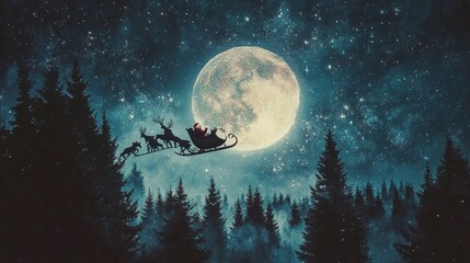 Fototapeta premium Santa flies across moonlit sky on Christmas Eve