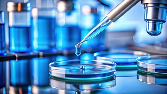 Pipette dropper placing blue liquid on microscope slide, with petri dish in background, science, laboratory