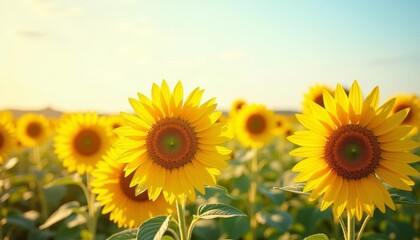 Obraz premium Bright and cheerful sunflower field under a clear sky