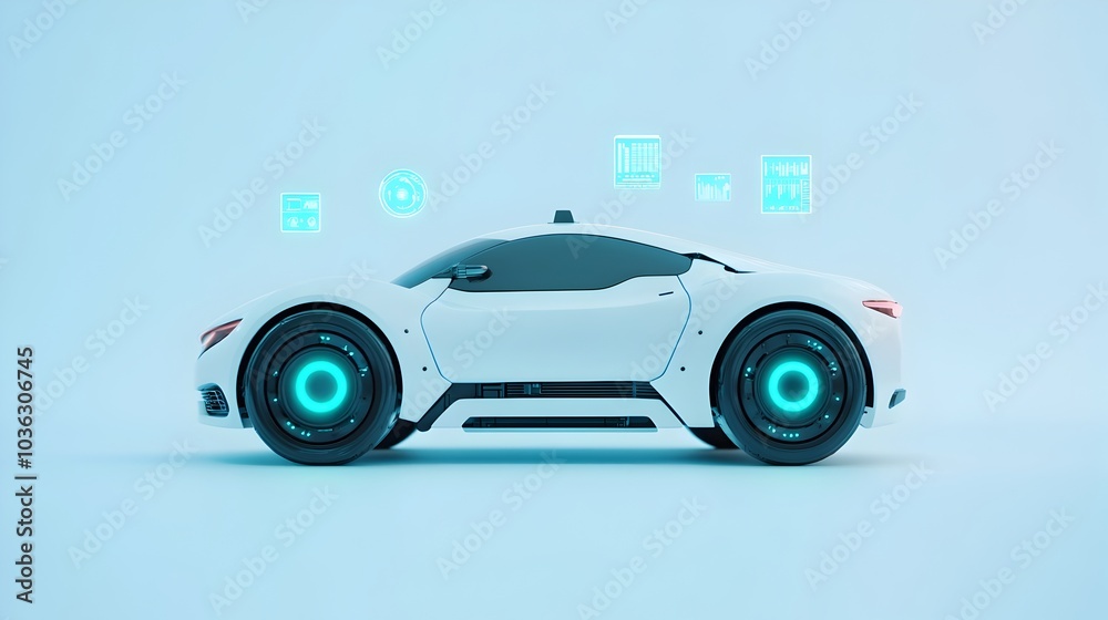 Poster sleek futuristic robot analyzing advanced car diagnostics and digital data points floating on hologr