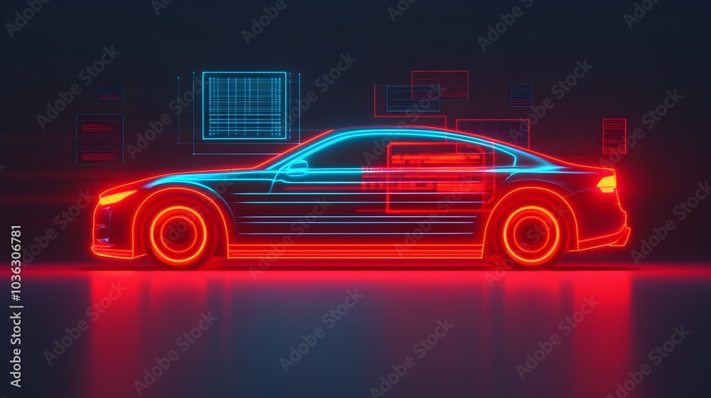 Poster a sleek and advanced futuristic robot analyzing car diagnostics with holographic screens and digital