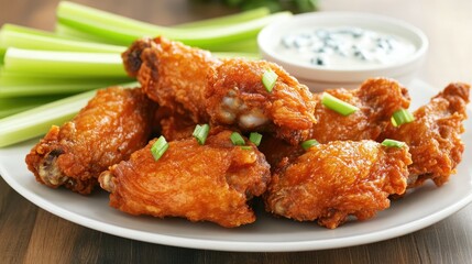 A platter of crispy fried chicken wings served with celery sticks and blue cheese dipping sauce.