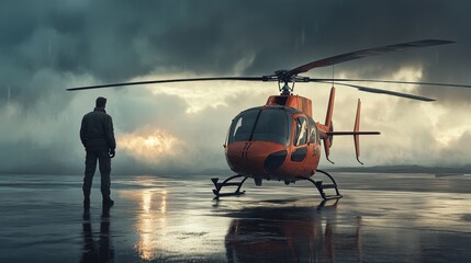 A man stands next to a helicopter on a wet runway