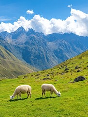 Fototapeta premium Scenic view of two sheep grazing on lush green grass with majestic mountains and bright blue skies in the background.