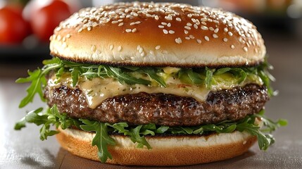 Delectable and flavorful organic beef burger topped with creamy avocado peppery arugula and a tantalizing spicy aioli