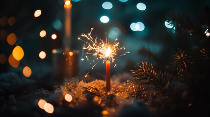 A sparkling candle illuminates a festive New Year's Eve celebration filled with joy