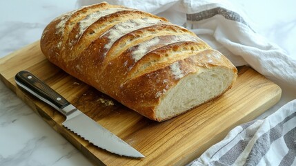 A rustic loaf of bread with a golden, crispy crust, placed on a wooden cutting board with a serrated knife.