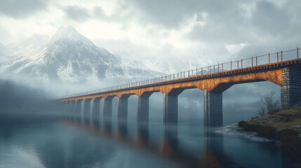 Obraz premium Scenic Bridge Over Calm Water With Mountain Background