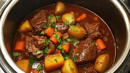 A savory beef stew simmering in a pot with carrots, potatoes, and fresh herbs.