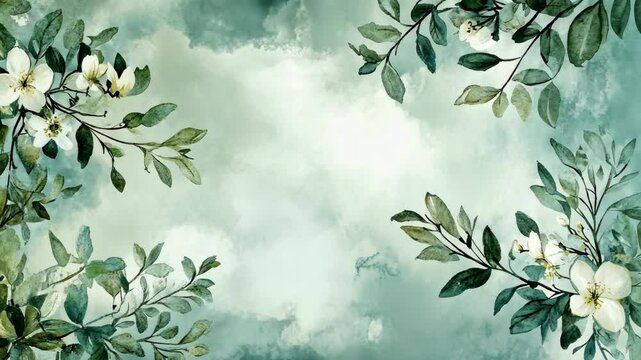White flowers and green leaves on a soft green and white watercolor background