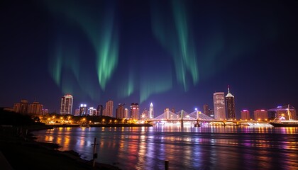 Night skyline illuminated by auroras over a cityscape reflection.
