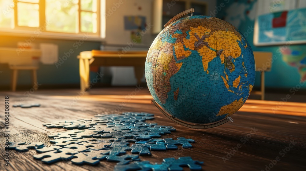 Wall mural Globe and Puzzle Pieces in Classroom