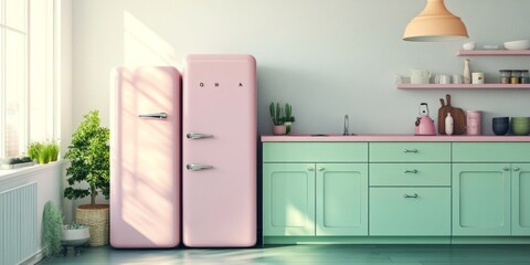 Retro kitchen with mint green cabinets and a pink fridge, showcasing a vibrant vintage interior. This colorful kitchen design embraces mid-century decor with pastel hues, combining retro appliances an