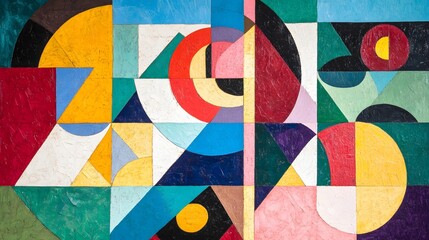 Abstract geometric forms in vivid colors arranged dynamically across the composition