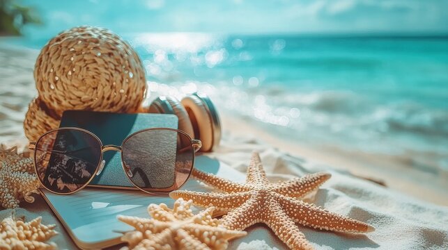 Sunglasses, a straw hat, starfish, and headphones resting on the sand by a sunny beach, creating a relaxing summer vacation scene by the ocean.
