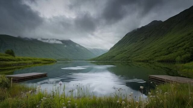 Serene Mountain Lake Reflections with Cloudy Sky and Two Docks.