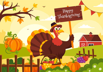 Happy Thanksgiving Day Vector Illustration with Turkey, Pumpkins, Leaves, and Various Other Elements in a Flat Style Cartoon Background