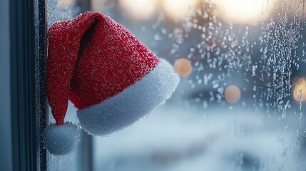 Black Santa Hat with Red Trim on Frosted Window