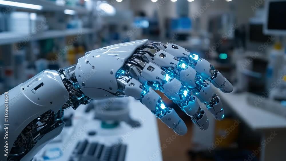Poster this highly detailed robotic hand showcases intricate design and blue illumination in a lab. prosthe