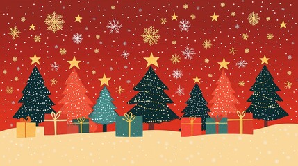 Festive Flat Design with Christmas Trees and Gifts