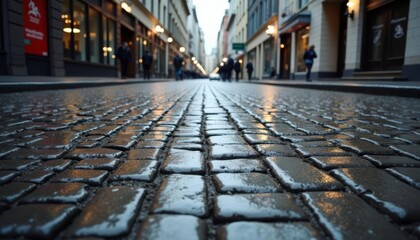 Wet cobblestone street in a city