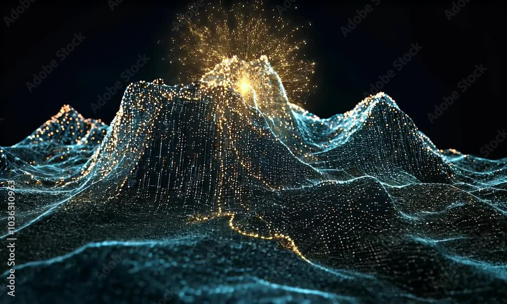 Poster a dark background with mountains and lines of data flowing across them, creating an abstract digital