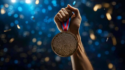 Celebratory Hand Holding Gold Medal in Air