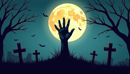  Eerie Halloween night with a ghostly hand reaching for the moon