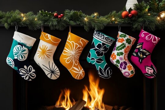 A Christmas fireplace with stockings from different cultures hanging side by side, celebrating unity and togetherness