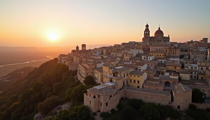 Naklejka premium Sunset over a historic hilltop town