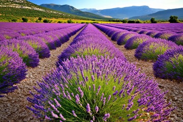 A Lavender farm in bloom, with endless rows of purple flowers under a clear, sunny sky