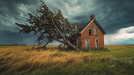 An abandoned brick house leaning under a stormy sky in a grassy field.
