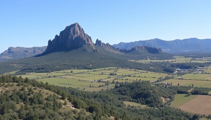 Naklejka premium Scenic view of a prominent mountain surrounded by green fields.