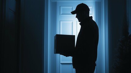 Silhouette of Delivery Worker with Package at Door