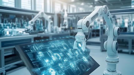 Smart industry robot arms for digital factory production technology showing automation manufacturing process of the Industry 4.0 or 4th industrial revolution and IOT software to control operation. 