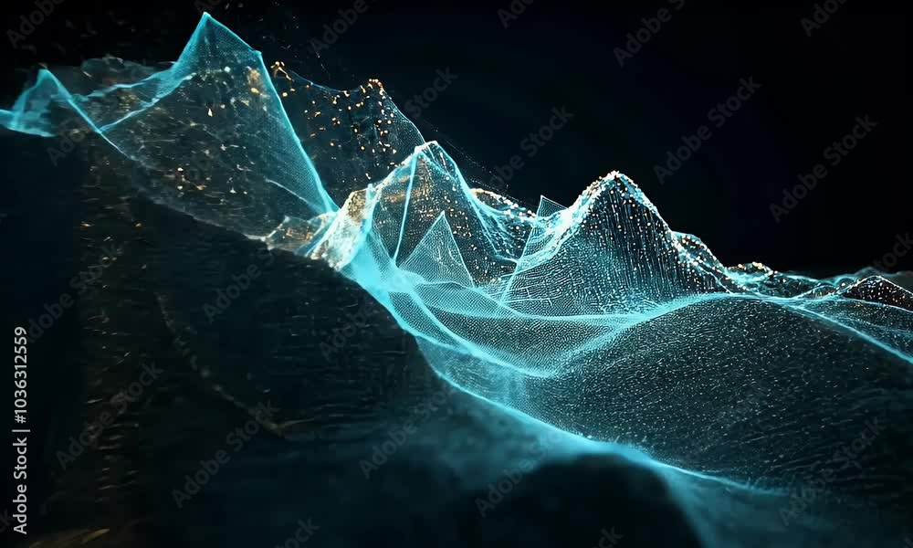 Poster a dark background with mountains and lines of data flowing across them, creating an abstract digital