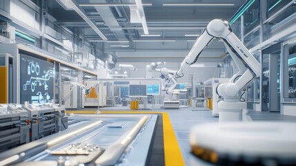 Naklejka premium Smart industry robot arms for digital factory production technology showing automation manufacturing process of the Industry 4.0 or 4th industrial revolution and IOT software to control operation. 