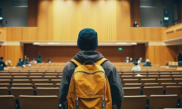 Student in empty lecture hall with backpack with ai generated.

