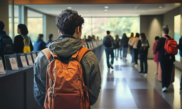 Student waiting in line at university event with ai generated.
